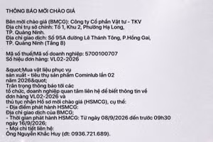 Công ty cổ phần Vật tư - TKV thông báo mời chào giá đơn hàng VL02-2026 