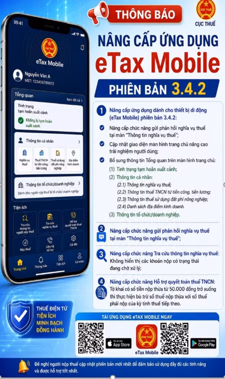 eTax Mobile phiên bản 3.4.2 cải tiến toàn diện giao diện trang chủ theo hướng trực quan, khoa học và dễ sử dụng
