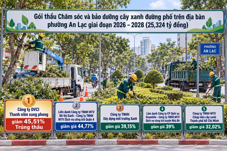 Gói thầu chăm sóc cây xanh phường An Lạc (TP.HCM): giảm giá hơn 45%, Công ty Dịch vụ công ích Thanh niên xung phong trúng thầu