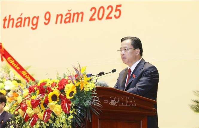 Bí thư Tỉnh ủy Lạng Sơn Hoàng Văn Nghiệm phát biểu tại Đại hội.