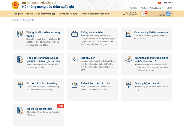 Giao diện Hệ thống e-GP với các chức năng mới