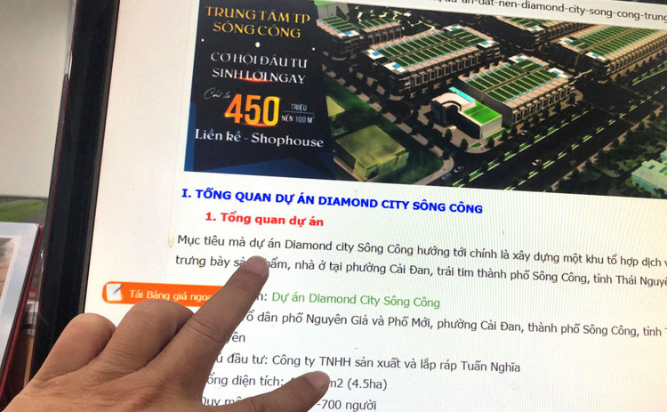 Dự án Khu đô thị Diamond City Sông Công từng được nhiều trang thông tin điện tử giới thiệu nhà đầu tư là Công ty TNHH Sản xuất, Lắp ráp Tuấn Nghĩa. Ảnh: Nhã Chi
