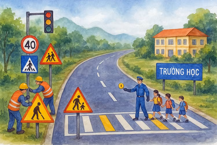 Gói thầu Thi công xây dựng công trình thuộc Dự án Sửa chữa, bổ sung tăng cường hệ thống an toàn giao thông trên tuyến và các vị trí trường học trên tuyến Quốc lộ 2D có giá 12,68 tỷ đồng. Ảnh: Huyền Trang