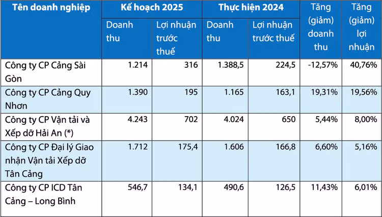 Kế hoạch kinh doanh của một số doanh nghiệp cảng biển. Nguồn: Báo cáo thường niên, tài liệu họp cổ đông doanh nghiệp. Đơn vị tính: tỷ đồng) - (*): Lợi nhuận sau thuế Hải An