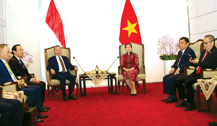 Tổng Bí thư Tô Lâm hội kiến bà Puan Maharani, Chủ tịch Hội đồng Đại biểu nhân dân Indonesia. Ảnh: Văn Hiếu