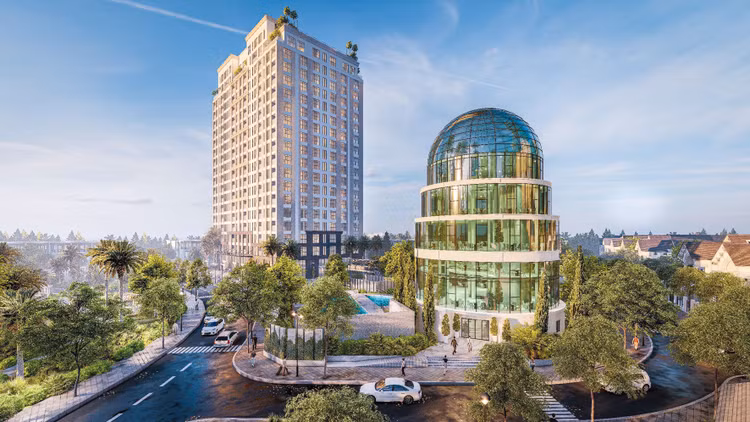 Fancy Tower được bao quanh bởi 4 mặt đường rộng rãi, rợp bóng cây xanh