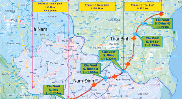 Dự án Cao tốc Ninh Bình - Hải Phòng đoạn qua tỉnh Nam Định và Thái Bình có tổng mức đầu tư hơn 19.700 tỷ đồng, tổng chiều dài khoảng 60,9 km
