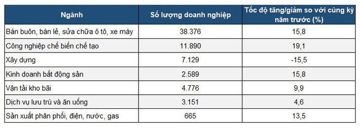 Doanh nghiệp thành lập mới 6 tháng đầu năm 2025 phân theo một số lĩnh vực hoạt động. Nguồn: Cục Thống kê 72.jpg