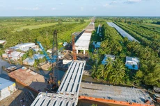 Đồng loạt lắp dầm cầu thuộc cao tốc Châu Đốc - Cần Thơ - Sóc Trăng