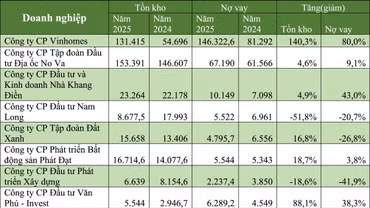 Tồn kho và nợ vay của một số doanh nghiệp bất động sản. Nguồn: báo cáo tài chính doanh nghiệp, đơn vị tính: tỷ đồng