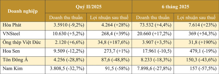 Kết quả kinh doanh của một số doanh nghiệp tôn thép. Nguồn: Báo cáo tài chính hợp nhất của doanh nghiệp - Đơn vị tính: tỷ đồng