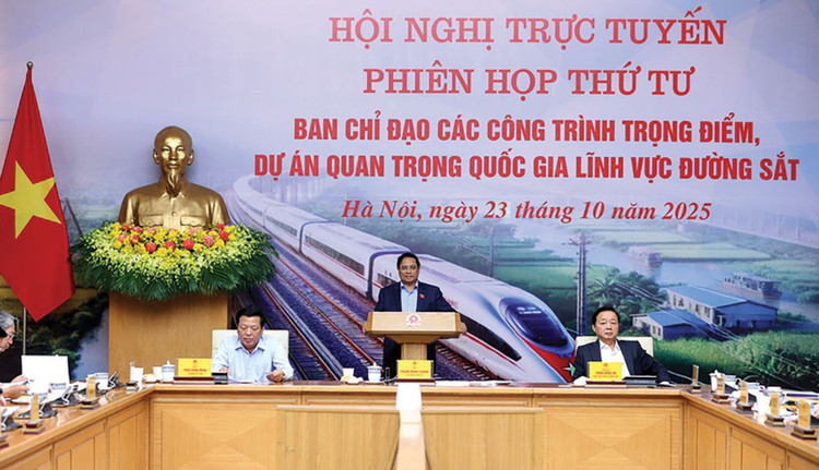 Thủ tướng Chính phủ Phạm Minh Chính chủ trì phiên họp thứ 4 của Ban Chỉ đạo các công trình trọng điểm, dự án quan trọng quốc gia lĩnh vực đường sắt. Ảnh: Quý Bắc