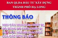 Ban QLDA đầu tư xây dựng TP. Hạ Long thông báo nhu cầu mua sắm thiết bị, đồ dùng dạy học ngành giáo dục