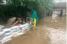 Triển khai bơm cưỡng bức giải quyết úng ngập tại khu vực hầm chui Đại lộ Thăng Long. (Nguồn: hanoimoi.com.vn)