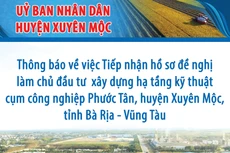 UBND huyện Xuyên Mộc thông báo tiếp nhận hồ sơ đề nghị làm chủ đầu tư xây dựng hạ tầng kỹ thuật Cụm công nghiệp Phước Tân
