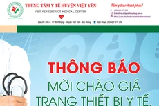 Trung tâm Y tế huyện Việt Yên thông báo mời chào giá trang thiết bị y tế, y dụng cụ