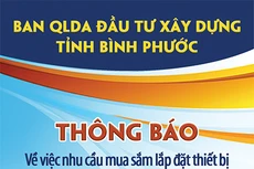 Ban QLDA đầu tư xây dựng tỉnh Bình Phước thông báo về việc nhu cầu mua sắm lắp đặt thiết bị Dự án Xây dựng Trung tâm Bảo trợ xã hội tỉnh Bình Phước