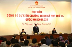 Chủ nhiệm Văn phòng Quốc hội Nguyễn Hạnh Phúc chủ trì Họp báo công bố chương trình và nội dung Kỳ họp thứ 11. Ảnh: Lê Tiên