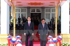Chủ tịch nước Trần Đại Quang và Tổng Bí thư, Chủ tịch nước Lào Bounnhang Volachith trên bục danh dự. (Ảnh: Nhan Sáng/TTXVN)