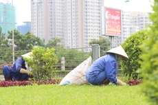 Chi phí cho việc cắt cỏ, cắt tỉa cây hoa cảnh tại đại lộ Thăng Long đang thu hút sự quan tâm dư luận. Ảnh: Ngọc Thành.