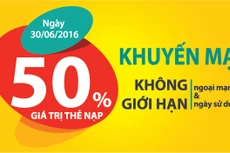 Ngày 30/6/2016, Viettel khuyến mại 50% giá trị thẻ nạp