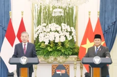Tổng Bí thư Tô Lâm và Tổng thống Indonesia Prabowo Subianto. Ảnh: TTXVN