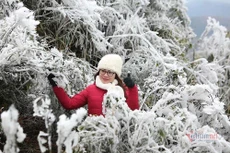 Du khách thích thú tạo dáng bên băng tuyết trên đỉnh Mẫu Sơn