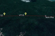 Ảnh chụp vệ tinh vị trị cột 12-14 của đường dây trên địa bàn tỉnh Khánh Hòa dự kiến được thi công trong thời gian tới