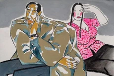 Tranh "Đưa sáo sang sông" (Màu nước trên giấy) của họa sĩ Đặng Tiến