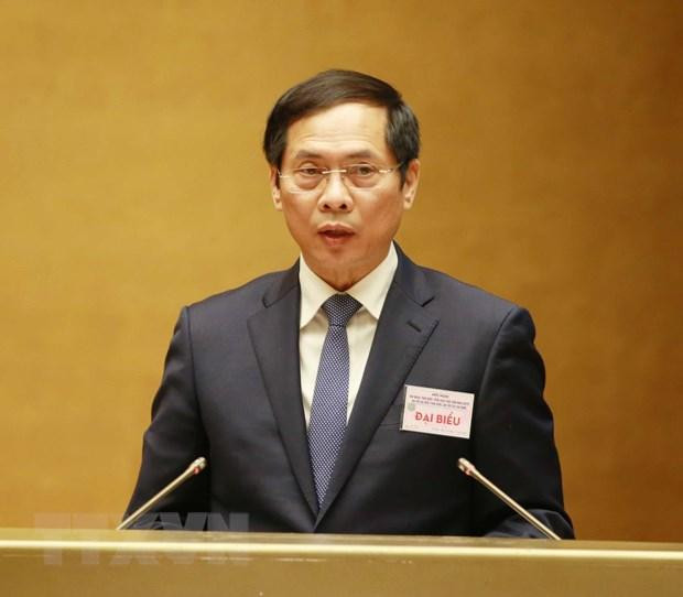 Ông Bùi Thanh Sơn, Ủy viên Trung ương Đảng, Bộ trưởng Bộ Ngoại giao trình bày tham luận tại hội nghị. Ảnh: TTXVN