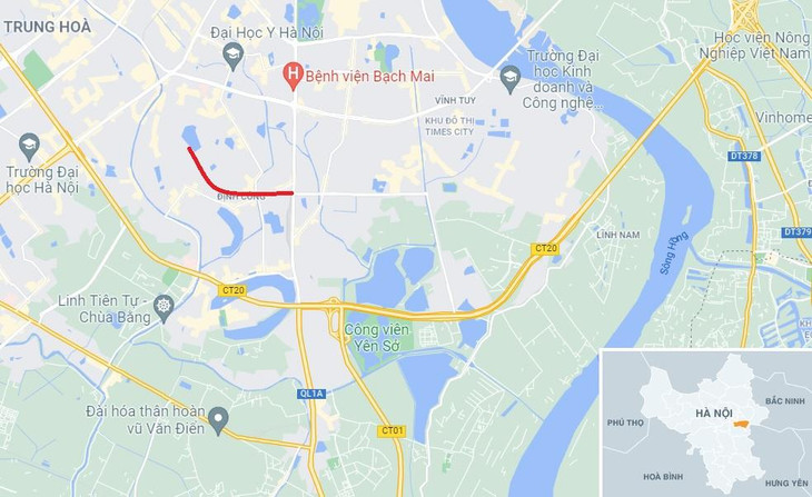 Đoạn Vành đai 2,5 đi qua địa phận 2 quận Thanh Xuân và Hoàng Mai. Ảnh: Google Maps.