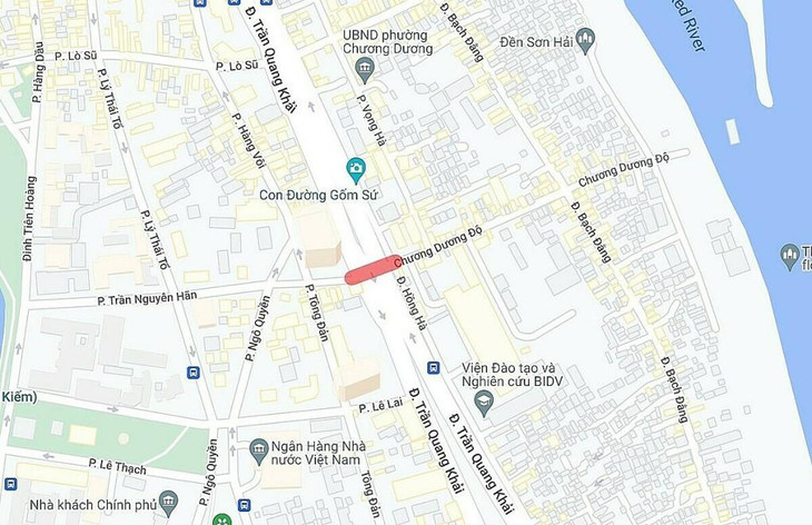 Vị trí xây hầm đường bộ tại quận Hoàn Kiếm (đoạn màu đỏ). Ảnh: Google maps