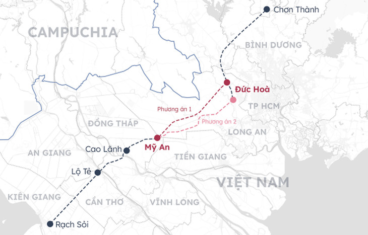 Hai phương án đầu tư đoạn cao tốc Đức Hòa - Mỹ An, phương án 1 mới đề xuất được cho là rút ngắn quãng đường và chi phí so với phương án 2 trước đây