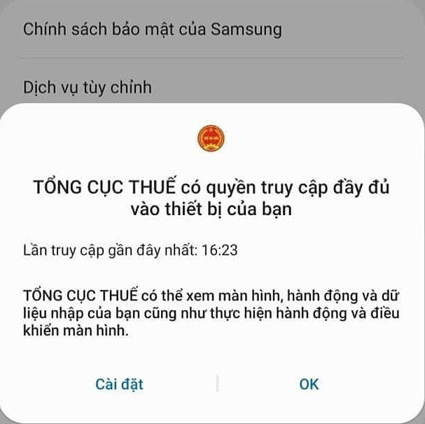 Cục thuế TP.HCM cảnh báo người dùng không cấp quyền cho các ứng dụng lạ để xem màn hình, dữ liệu nhập.