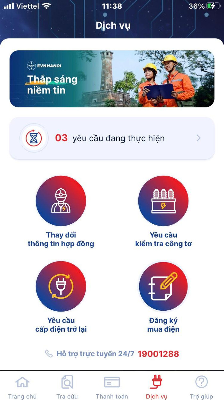 Khách hàng dễ dàng đăng ký các dịch vụ điện ngay trên App EVNHANOI