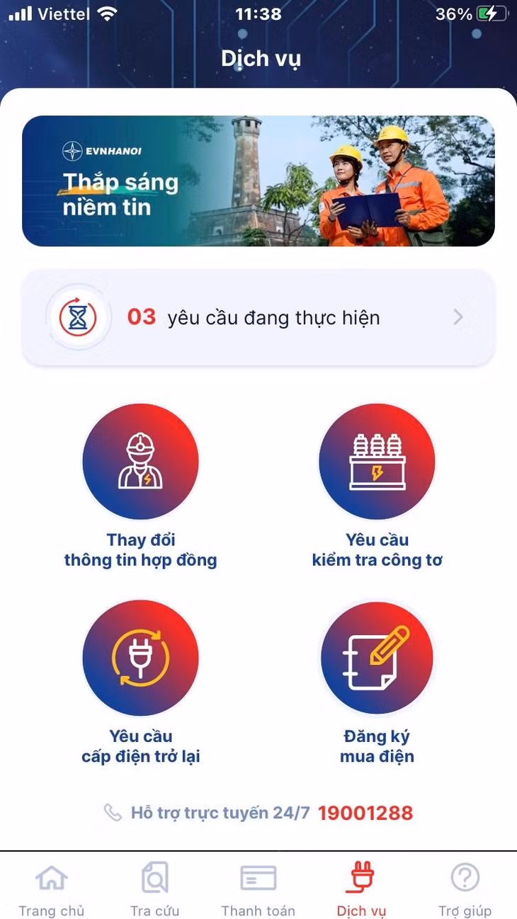 Khách hàng dễ dàng đăng ký các dịch vụ điện ngay trên App EVNHANOI