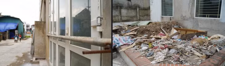 Bên trong khu vực tầng 1 mới được xây thô, nhiều vị trí vương vãi rác thải xây dựng. Một người dân sinh sống gần tòa nhà cho biết, đã nhiều năm tòa nhà tái định cư này bỏ hoang, không có người dọn đến ở.