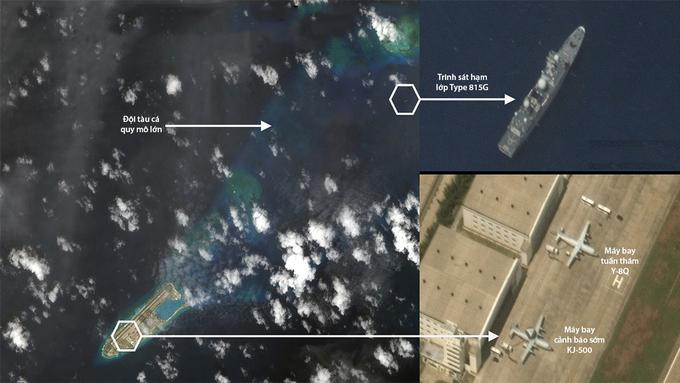 Tàu trinh sát, máy bay quân sự Trung Quốc hiện diện trái phép ở quần đảo Trường Sa của Việt Nam. Ảnh: Maxar. Tàu trinh sát, máy bay quân sự Trung Quốc hiện diện trái phép ở quần đảo Trường Sa của Việt Nam. Ảnh: Maxar.
