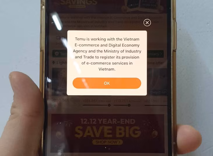 Người dùng Việt Nam mở ứng dụng nhận được thông báo "Temu đang làm việc với Cục Thương mại điện tử và Kinh tế số, Bộ Công Thương