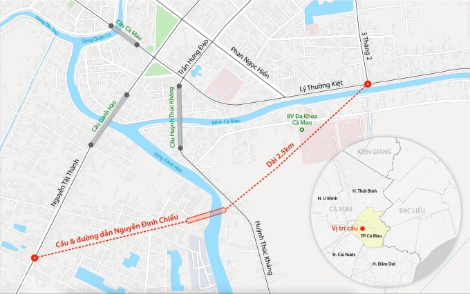 Hướng tuyến của cầu mới bắc qua sông Gành Hào Hướng tuyến của cầu mới bắc qua sông Gành Hào