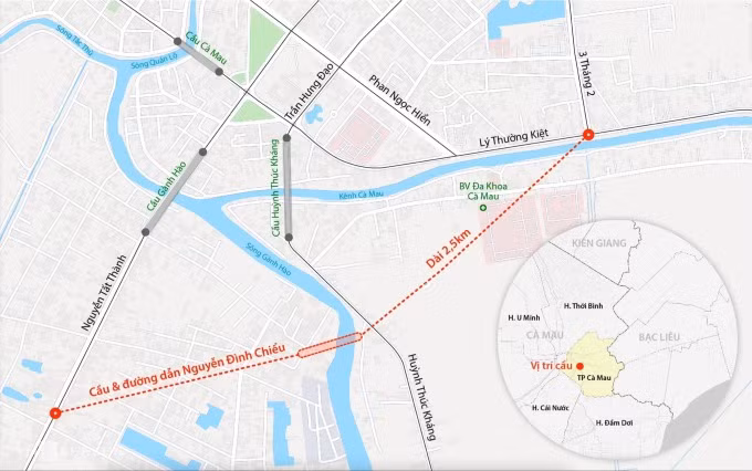 Hướng tuyến của cầu mới bắc qua sông Gành Hào