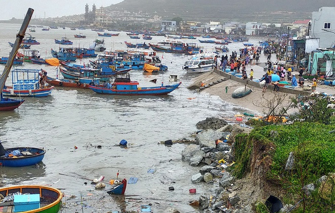 Sau khi cơn bão số 9 qua đi, thời tiết ở huyện đảo Lý Sơn, tỉnh Quảng Ngãi, đã hửng nắng. Nhiều ngư dân đến khu vực tập trung tàu thuyền để kiểm tra phương tiện.