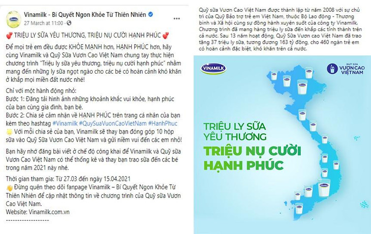 Trong chiến dịch diễn ra từ 27/03 đến 15/04/2021, với mỗi chia sẻ được đăng tải, bạn sẽ cùng Vinamilk gửi 10 hộp sữa đến các em nhỏ có hoàn cảnh khó khăn trên cả nước