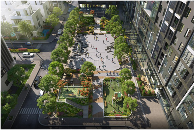 Căn hộ hướng quảng trường với không gian xanh cùng nhiều tiện ích.