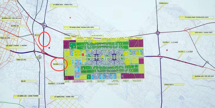 Bản đồ quy hoạch hệ thống giao thông kết nối sân bay Long Thành trong tương lai, trong đó hai tuyến đường kết nối được Đồng Nai đề xuất xây dựng bên trái (vòng tròn đỏ)