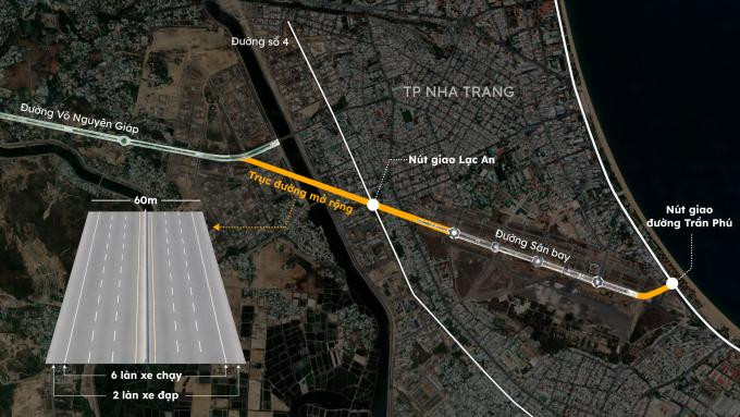 Hướng tuyến dự án đường (màu vàng) kết nối khu vực Tây Nha Trang, Diên Khánh với đường Trần Phú Hướng tuyến dự án đường (màu vàng) kết nối khu vực Tây Nha Trang, Diên Khánh với đường Trần Phú