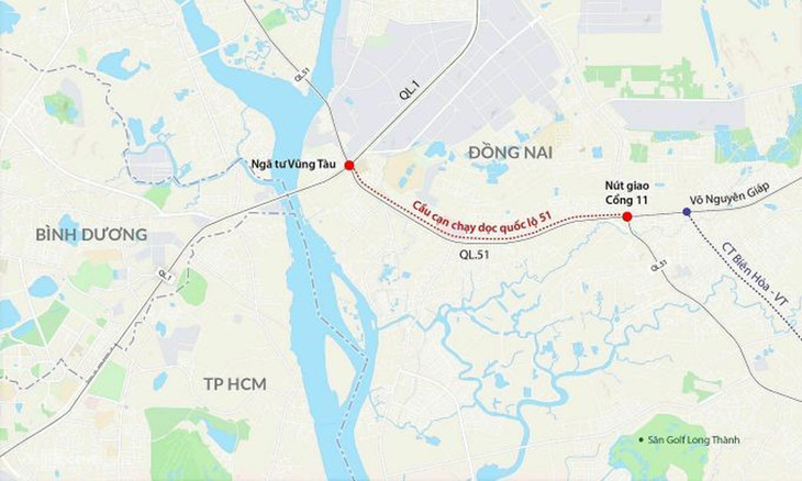 Hướng tuyến cầu cạn được đề xuất để giảm ùn tắc cho quốc lộ 51 khu vực TP. Biên Hòa