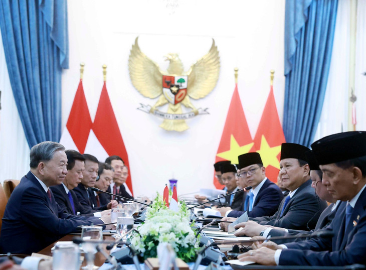 Tổng Bí thư Tô Lâm hội đàm với Tổng thống Indonesia Prabowo Subianto. Ảnh: TTXVN