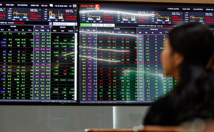 Nhà đầu tư đang quan sát bảng điện tại một công ty chứng khoán ở Quận 1 (TP.HCM) Nhà đầu tư đang quan sát bảng điện tại một công ty chứng khoán ở Quận 1 (TP.HCM)