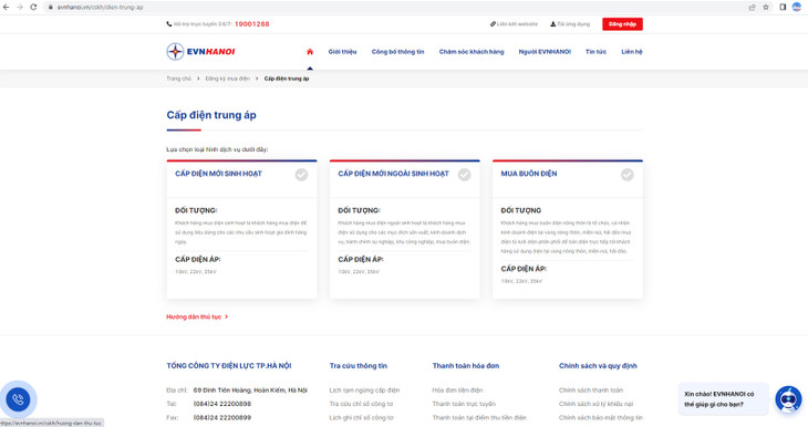 Thông tin đăng ký cấp điện trung áp trên website: evnhanoi.vn.